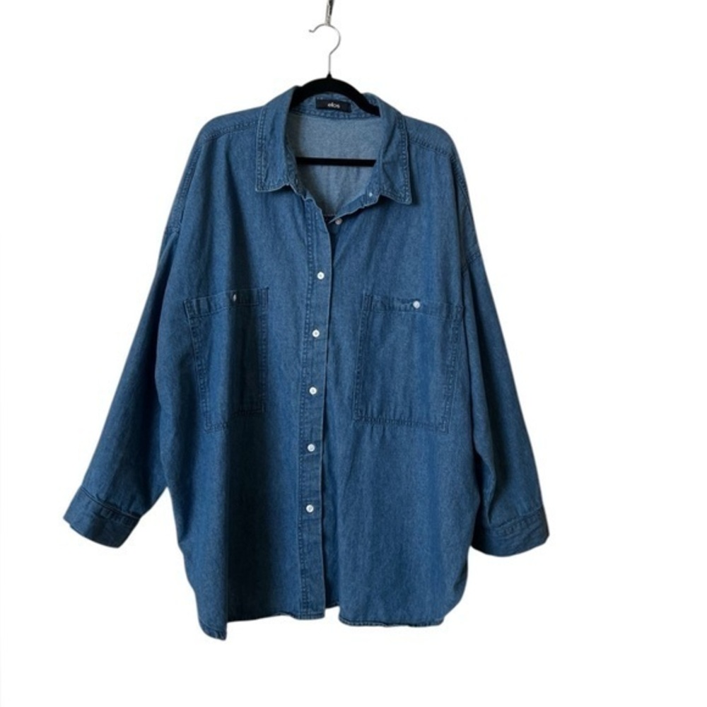 ELLOS Oversized Blue Denim Button Down Shirt, 1X or 22/24